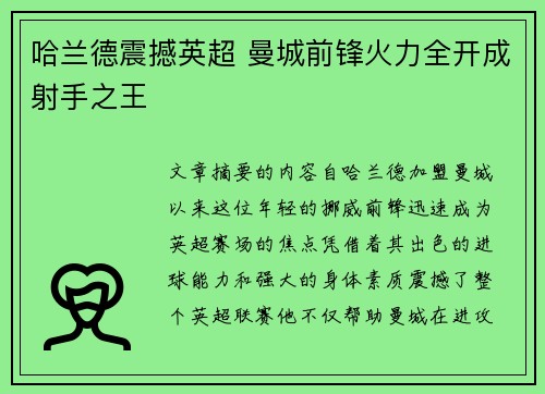 哈兰德震撼英超 曼城前锋火力全开成射手之王